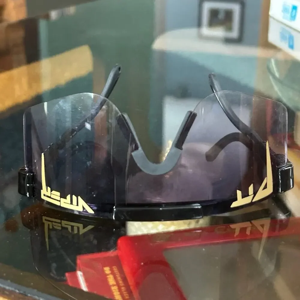 Pit Viper The Exec Original Black and Gold Oversized Shield Sunglasses NWOT